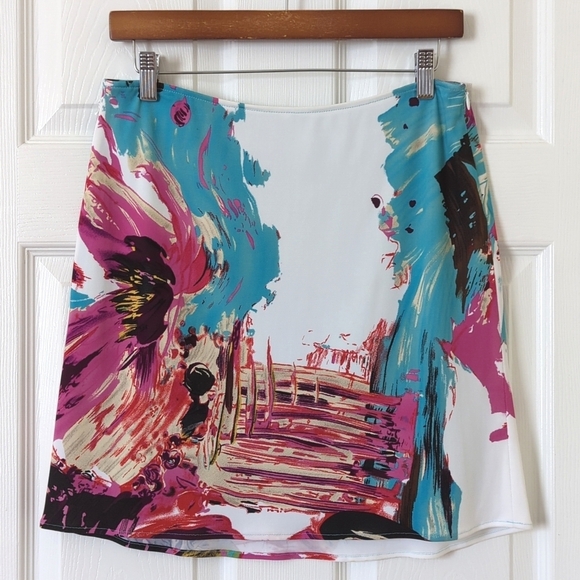 Yigal Azrouel Vibrant Abstract Printed Silk Blend Low Waisted A-Line Mini Skirt - Picture 1 of 11